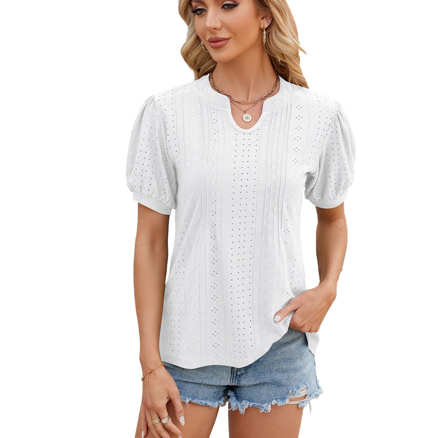 Spring Summer Solid Color V Neck Stripes Loose Short Sleeve T Shirt Women