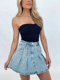 High Waist A line Skirt Pleated Skirt Casual Retro Denim Skirt