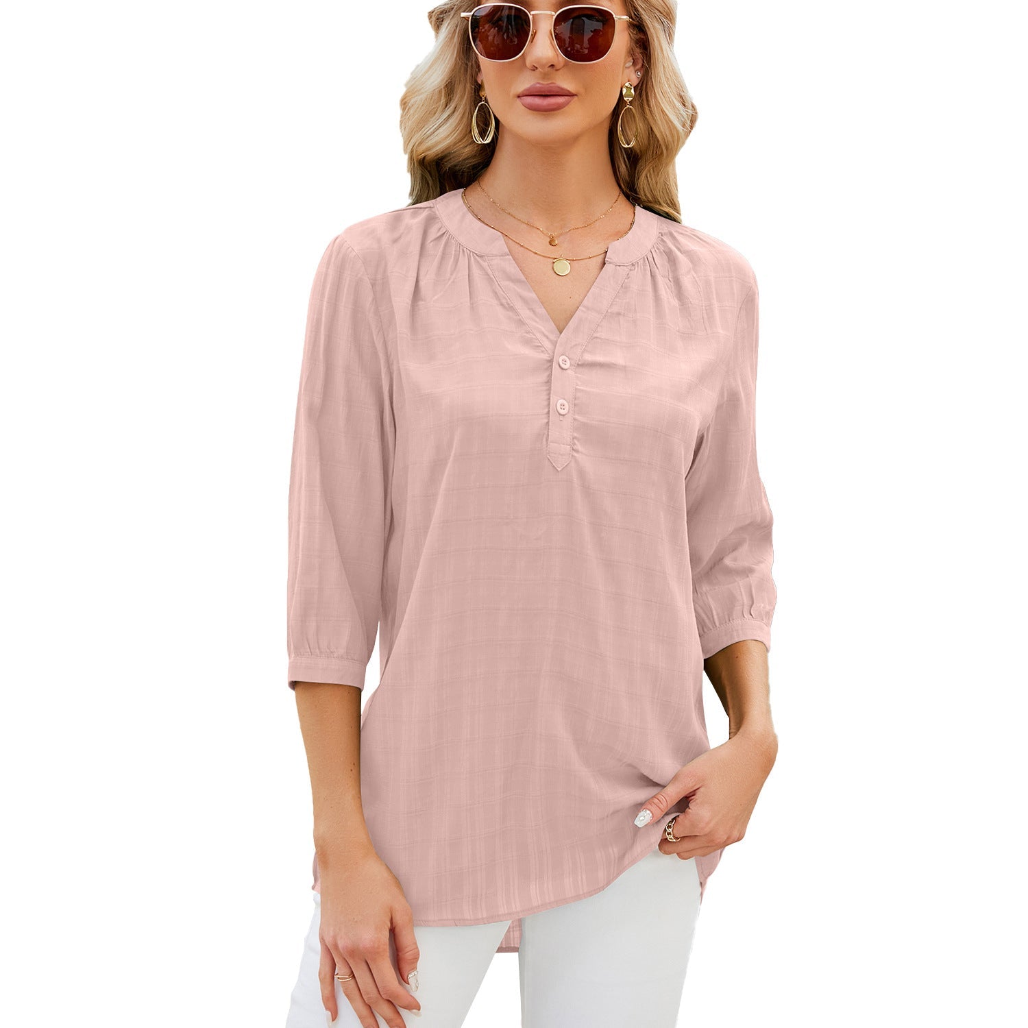 Spring Summer Solid Color V neck Loose Half Sleeve Shirt Women