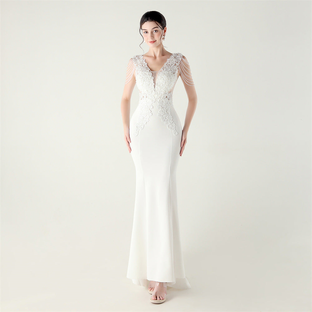 Satin Heavy Industry Beaded Three Dimensional Applique Boning Corset Waist-Tight Evening Dress Lace Tassels Design Cocktail Social Networking