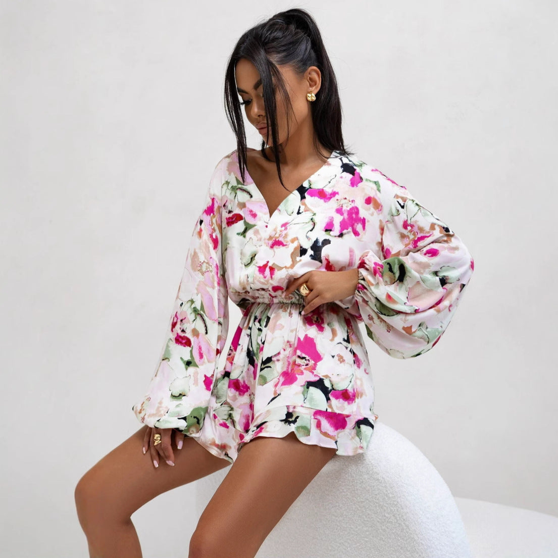 Women Clothing Summer V neck Printed Long Sleeve Waist Trimming Ruffles Shorts Jumpsuit