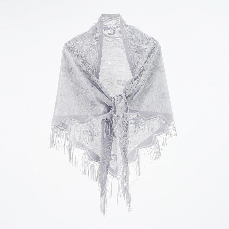 Nylon Hollow Out Cutout out Monochrome Breathable Tassel Triangular Binder Shawl Women Scarf