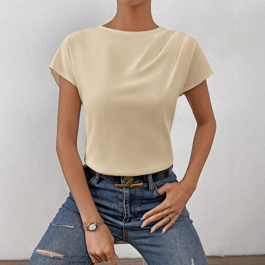 Women Clothing Summer Satin Satin Shirt Women Simple Short Sleeved Shirt Top