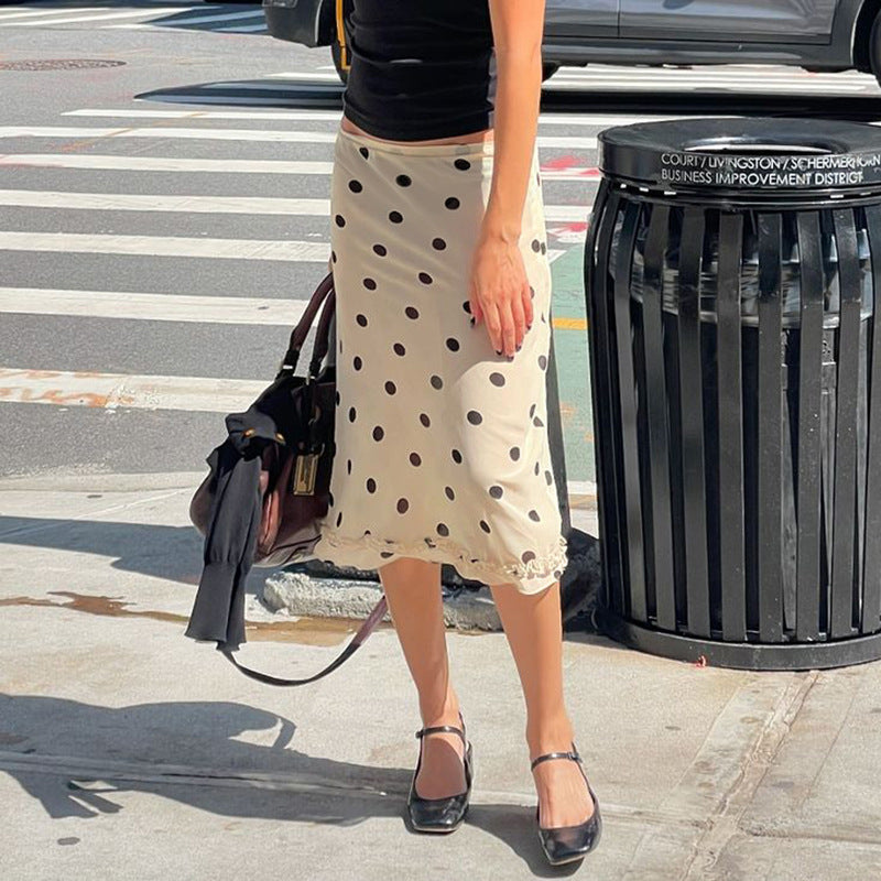 Retro Dots Wooden Ear Street Contrast Color Low Waist All Match Swing Midi Skirt