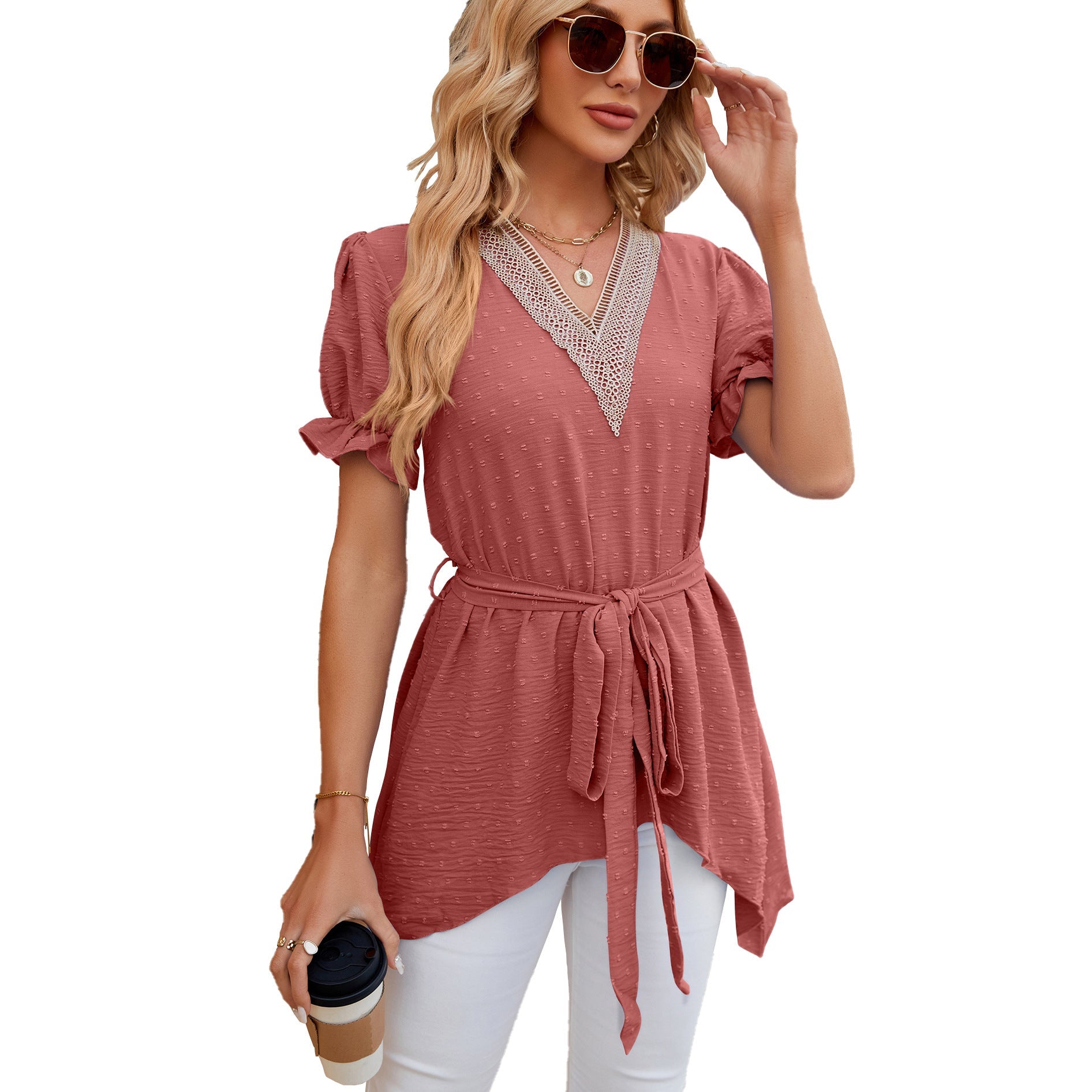 Spring Summer Solid Color V-neck Lace Stitching Loose Short Sleeve Dress