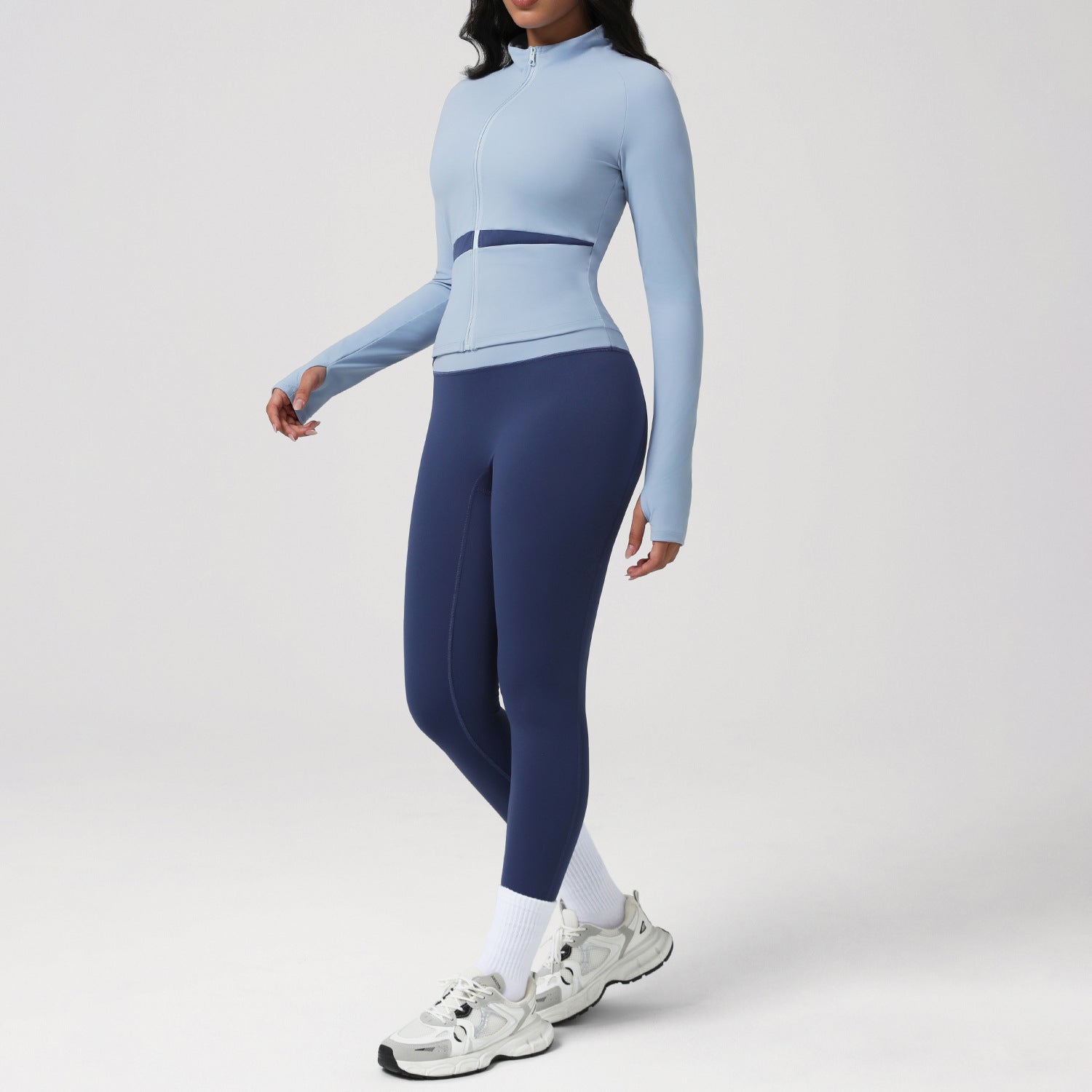 Contrast Color Yoga Women Long Sleeved Sports Bra Top Hip Lifting Tights Morning Running Step Fitness Set