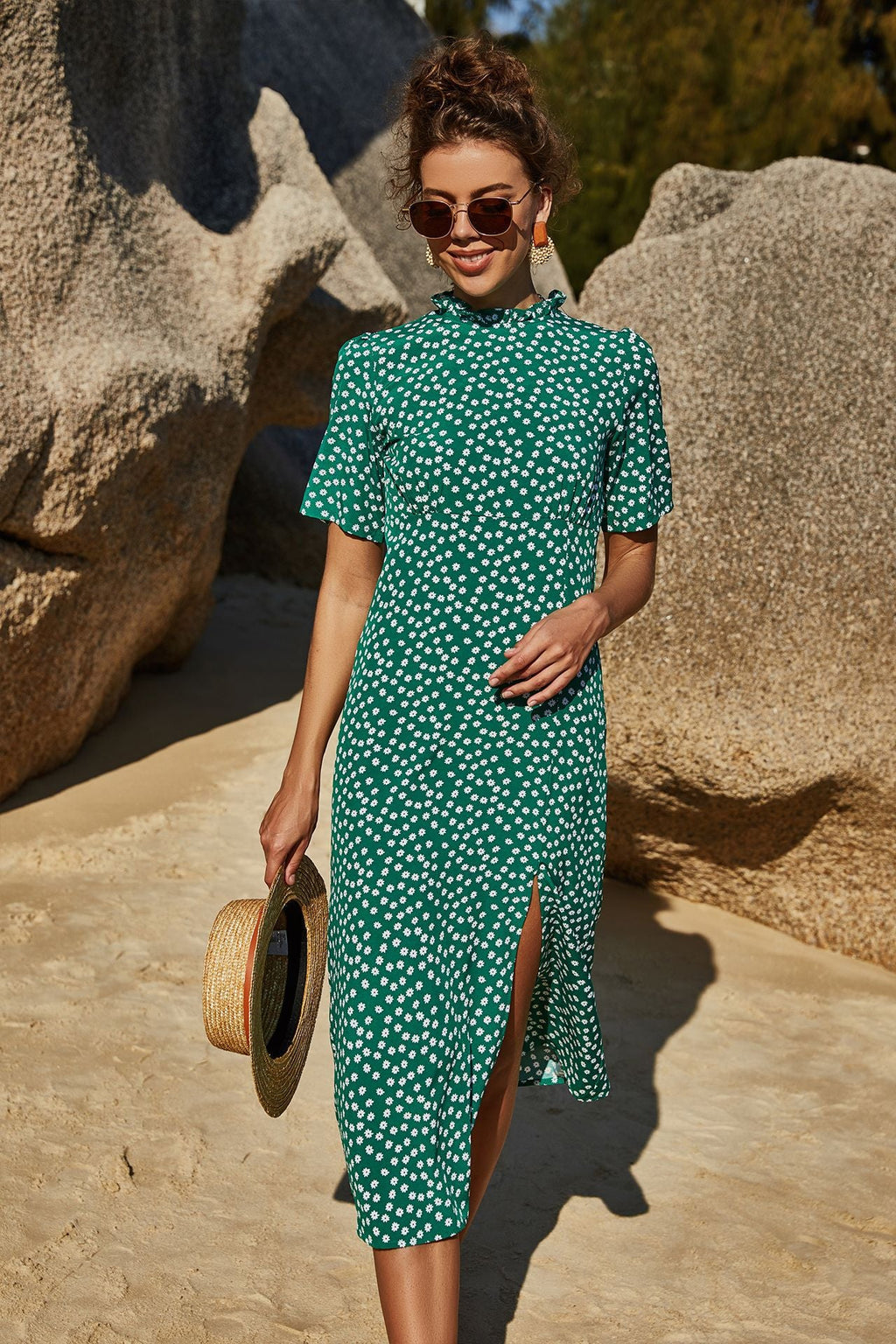 Summer Women Clothing Slimming Sheath Slit Slim-Fitting Floral Short Sleeve Vacation Large Swing Dress