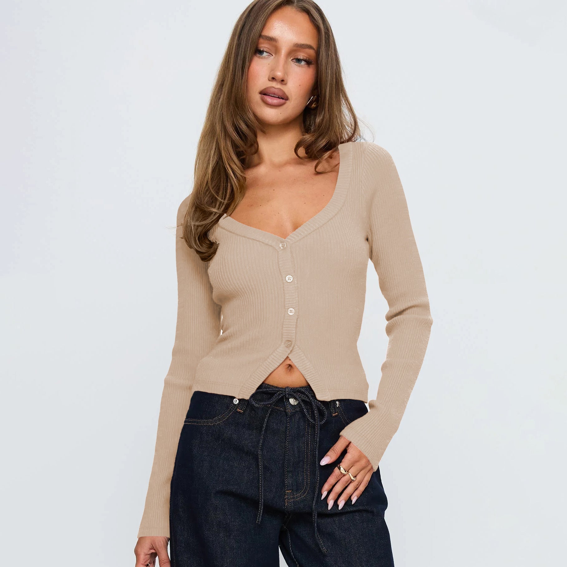 Women Fall Winter V neck Long Sleeve Ribbed Button Cardigan Slim Fit