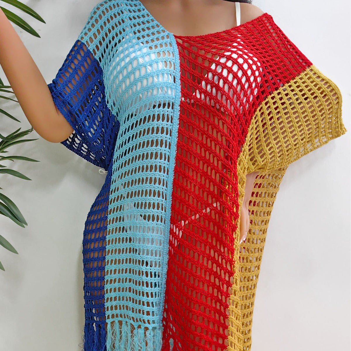 Women Beach Vacation Beach Cover Up Women Clothing Contrast Color Hollow Out Cutout Woven Shirt Sexy Dress