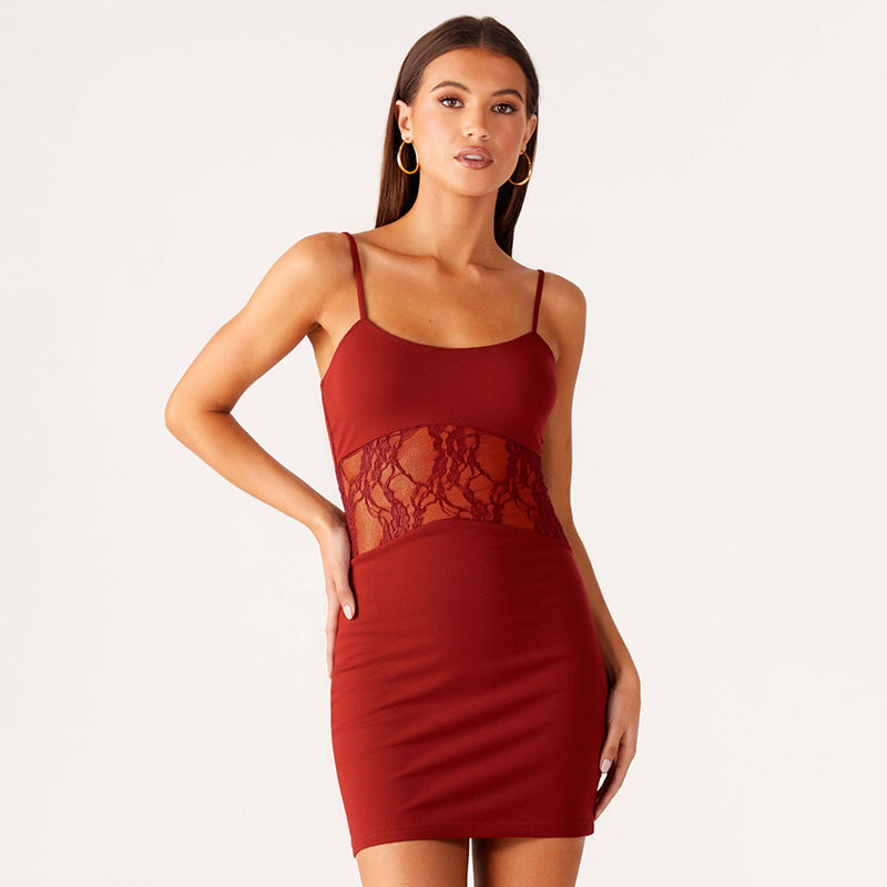 Women Clothing Summer Simple Solid Color Strap Stitching Lace Dress Women