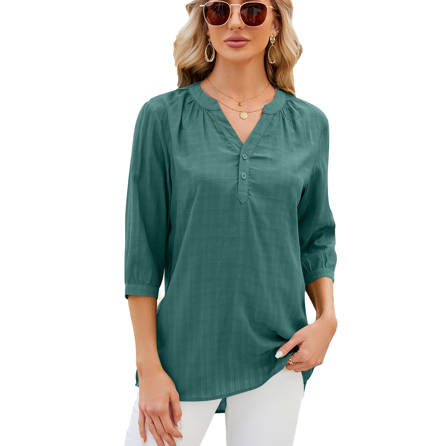 Spring Summer Solid Color V neck Loose Half Sleeve Shirt Women