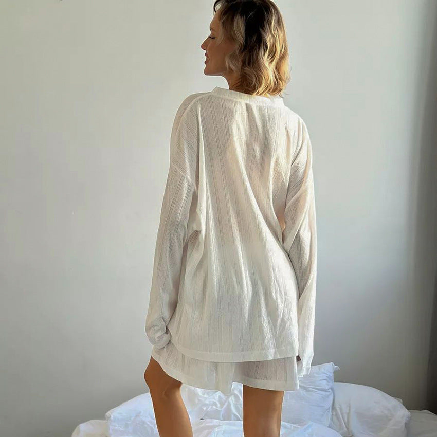 Autumn White Knitted Fabric Jacquard round Neck Long Sleeve Shorts Pajamas Loose Comfortable Women Homewear
