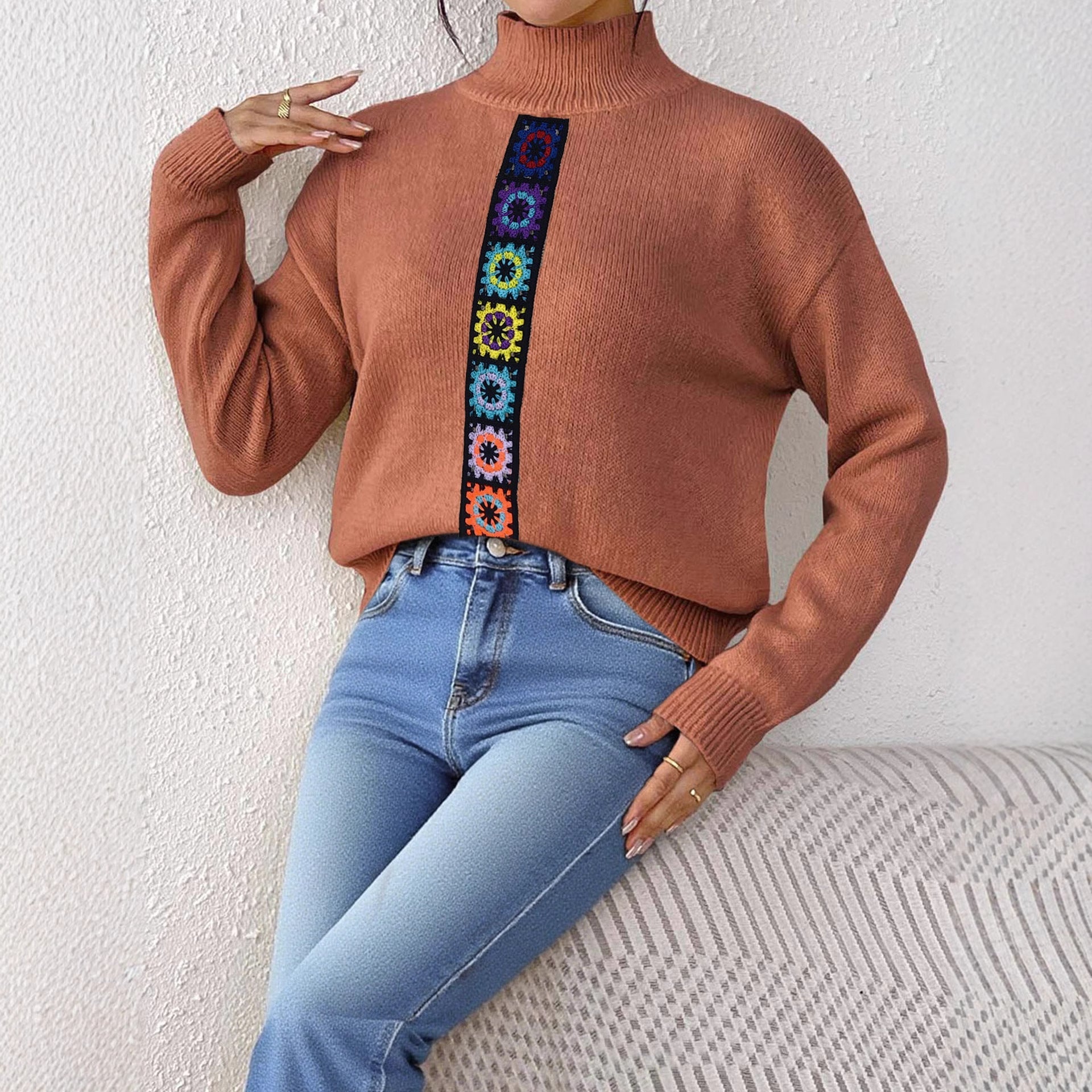Women Clothing Personality Color Random Imitation Hand Crocheted Stitching Woven Top Pullover Sweater