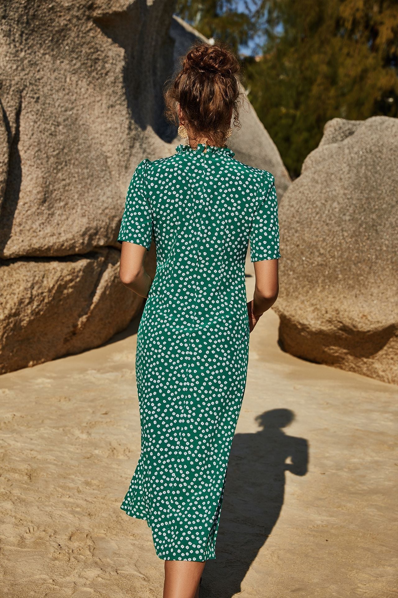 Summer Women Clothing Slimming Sheath Slit Slim-Fitting Floral Short Sleeve Vacation Large Swing Dress