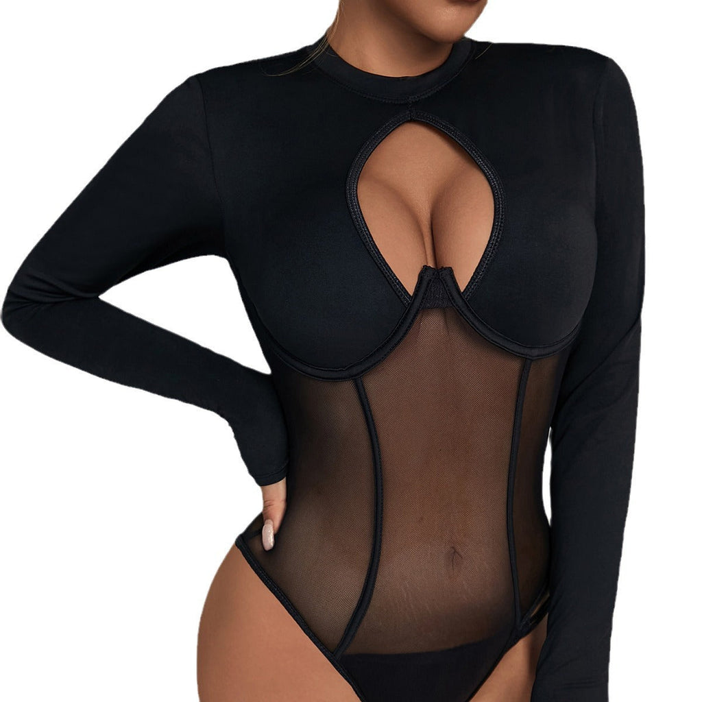 Backless Round Neck Hollow Out Cutout Sexy Mesh Slim Fit Patchwork Inner Push Up Jumpsuit