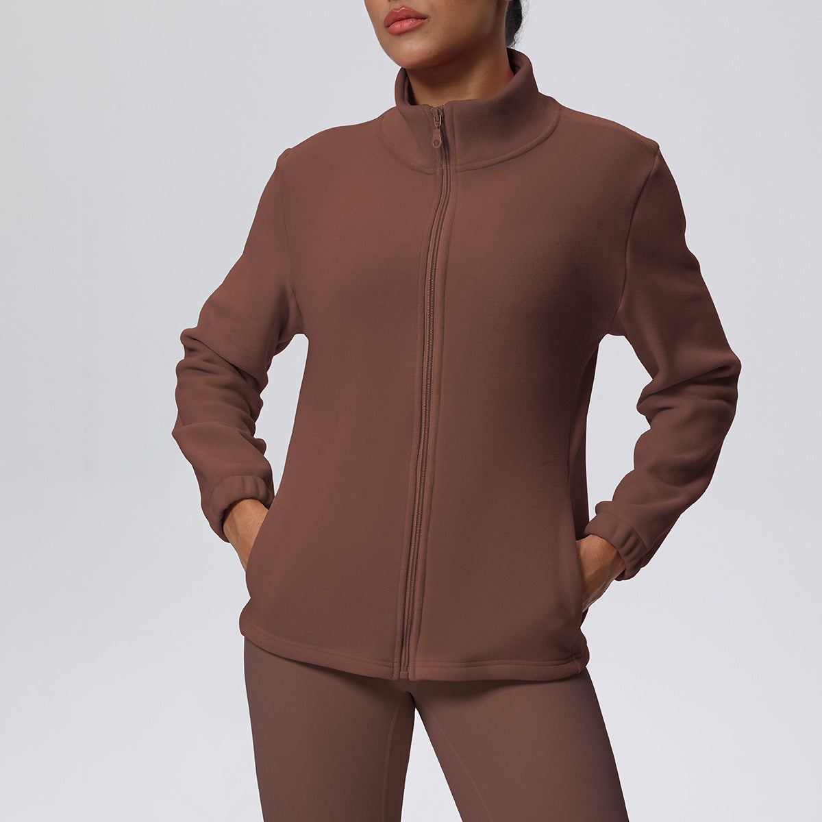 High Collar Warm Fleece Lined Zipped Sports Coat Loose Yoga Clothes Casual All Matching Women