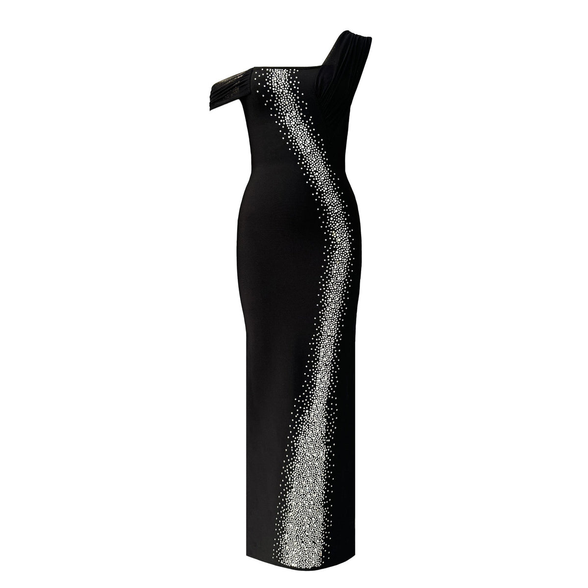 Sexy Single Shoulder Mesh Stitching Rhinestone Hip Bag Bandage Dress Party Dress