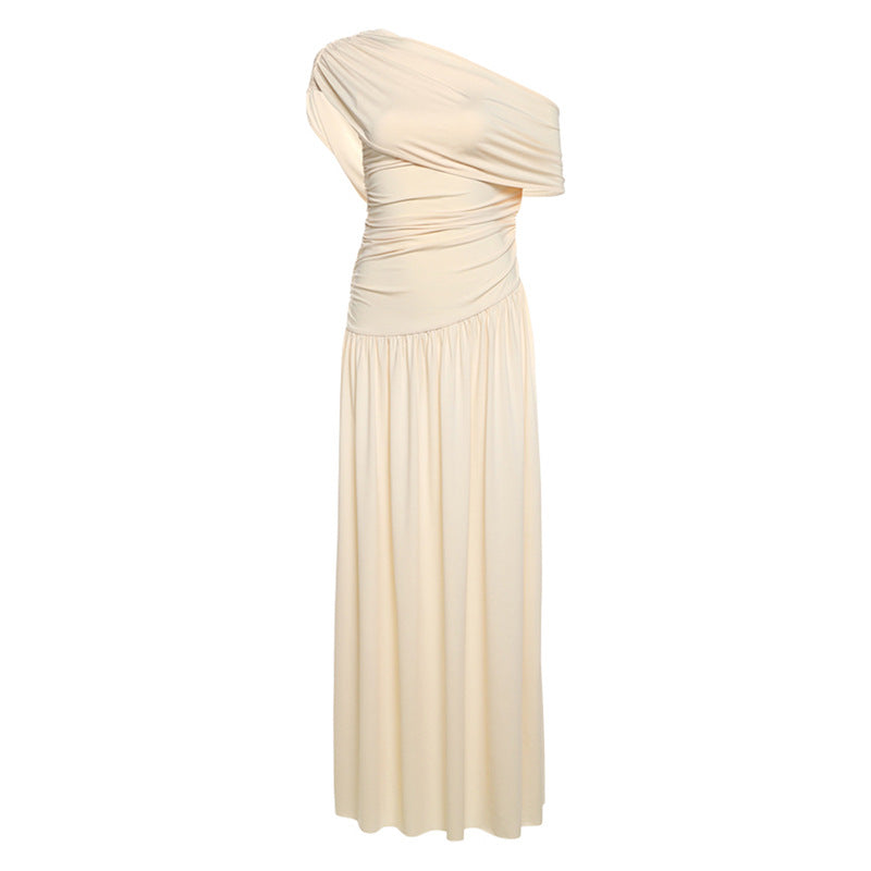 Summer Women Clothing Elegant One Shoulder Cold Shoulder Waist Tight Long Solid Color Dress
