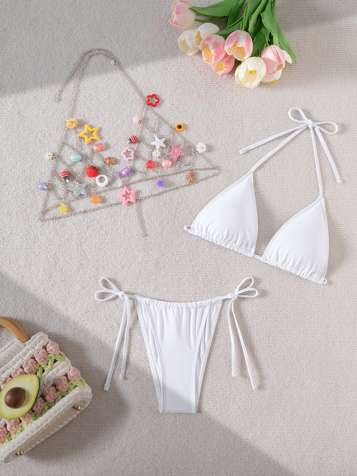 Sexy Split Swimsuit Rainbow Color Ornament Halter Bikini Swimsuit Ladies