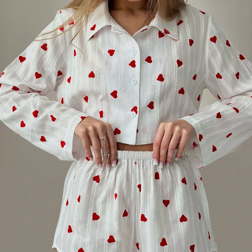 Spring Pure Cotton Jacquard Pajamas Two Piece Set Heart Printing Long Sleeve Shorts Ladies Homewear