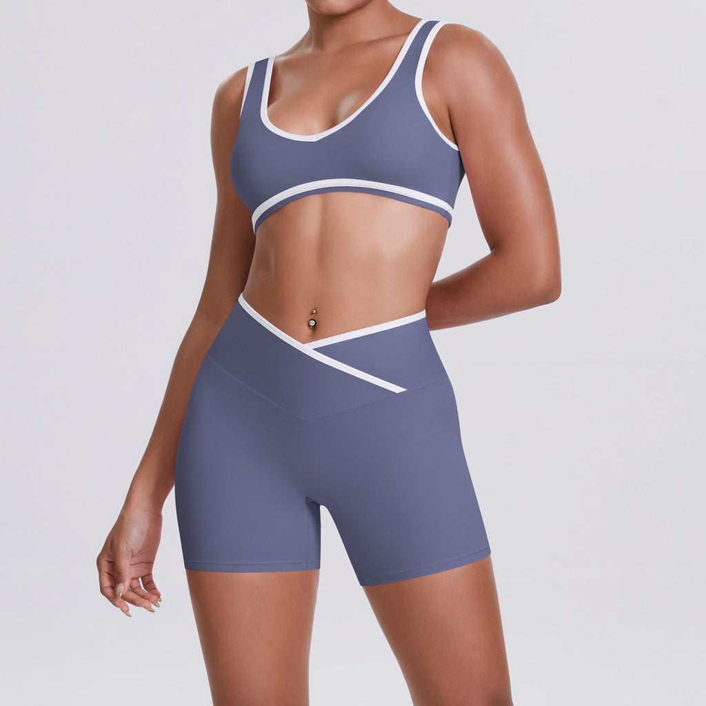 Nude Feel Contrast Color Sports Bra Skinny Yoga Pants Cross High Waist Bodybuilding Shorts Yoga Women