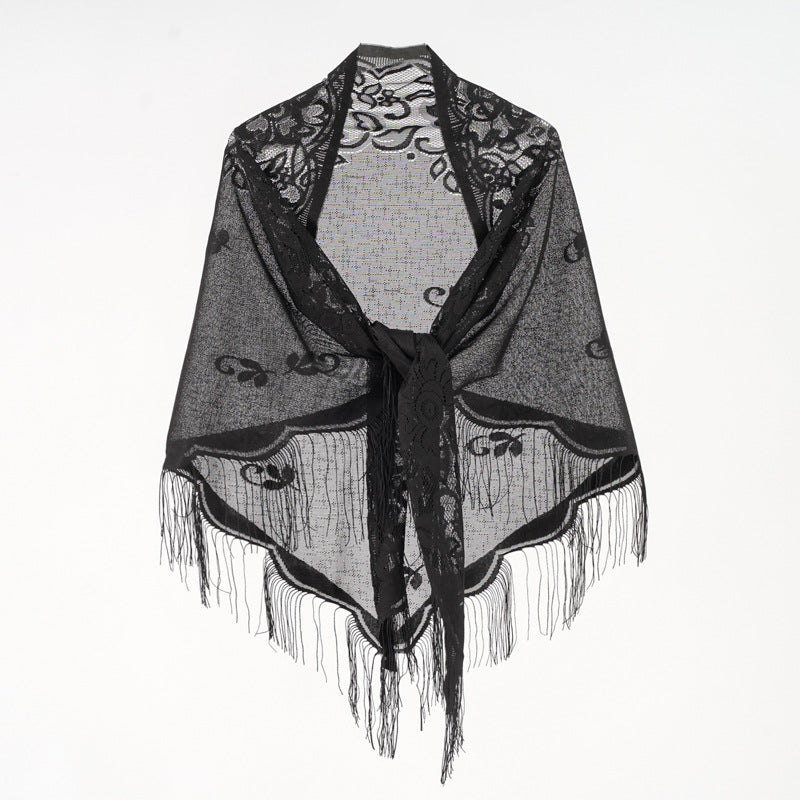 Nylon Hollow Out Cutout out Monochrome Breathable Tassel Triangular Binder Shawl Women Scarf