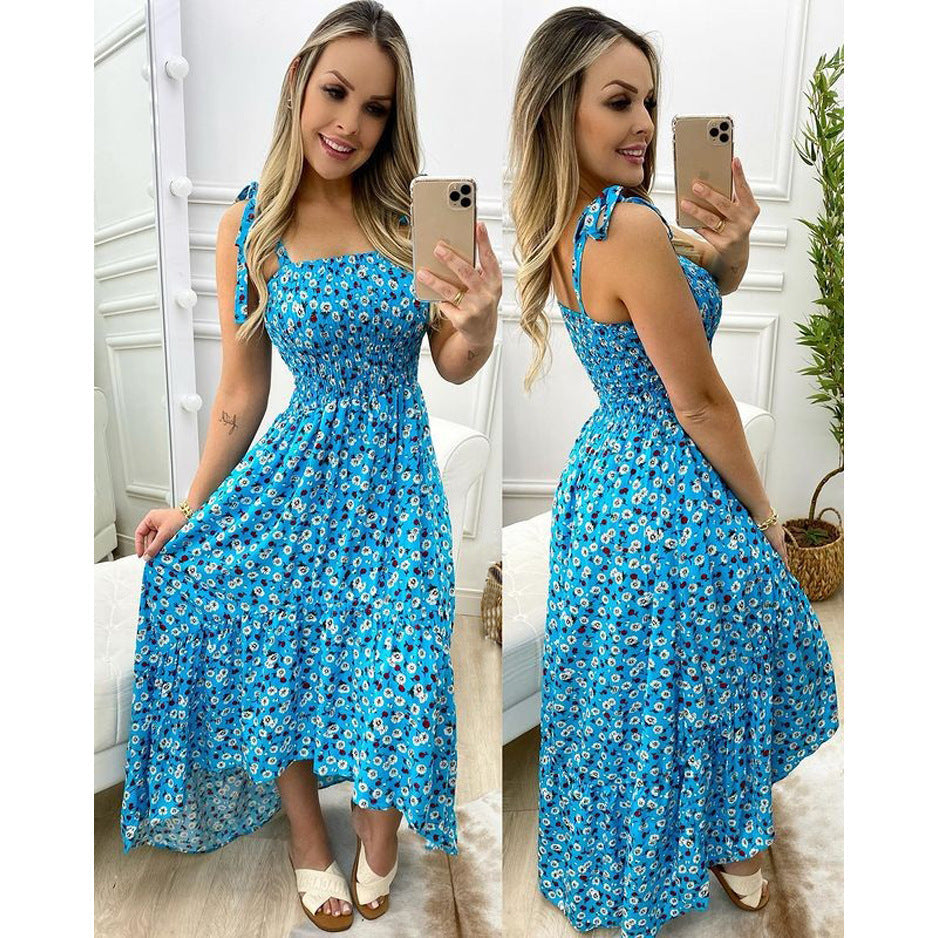 Spring Summer Pleated Strap Floral Dress Home Loose Lace up Large Swing