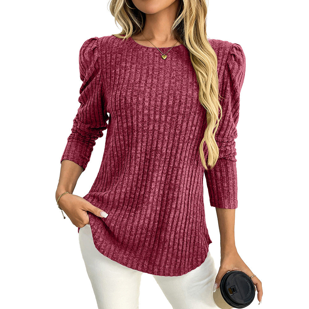 Arrival Women round Neck Puff Sleeve Brushed Sunken Stripe Solid Color Upper Clothes Long Sleeves T shirt
