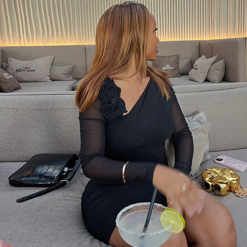 Simple Solid Color Women Slim Fit Office Hip Diagonal Collar Long Sleeve Short Dress