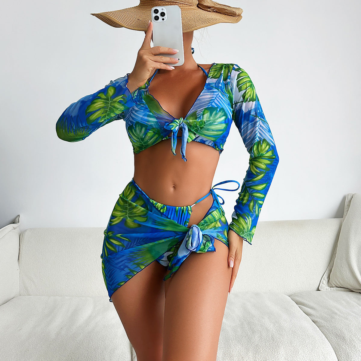Swimsuit Women Split Four Piece Long Sleeve Internet Celebrity Printed Lace up Bikini Swimsuit