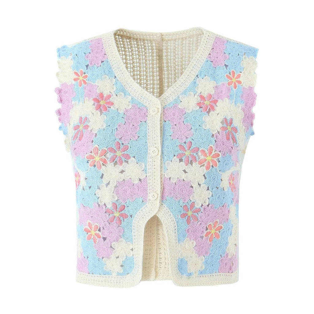 Women Retro Thailand Holiday Floral Vest Cardigan Top Casual All Matching Graceful