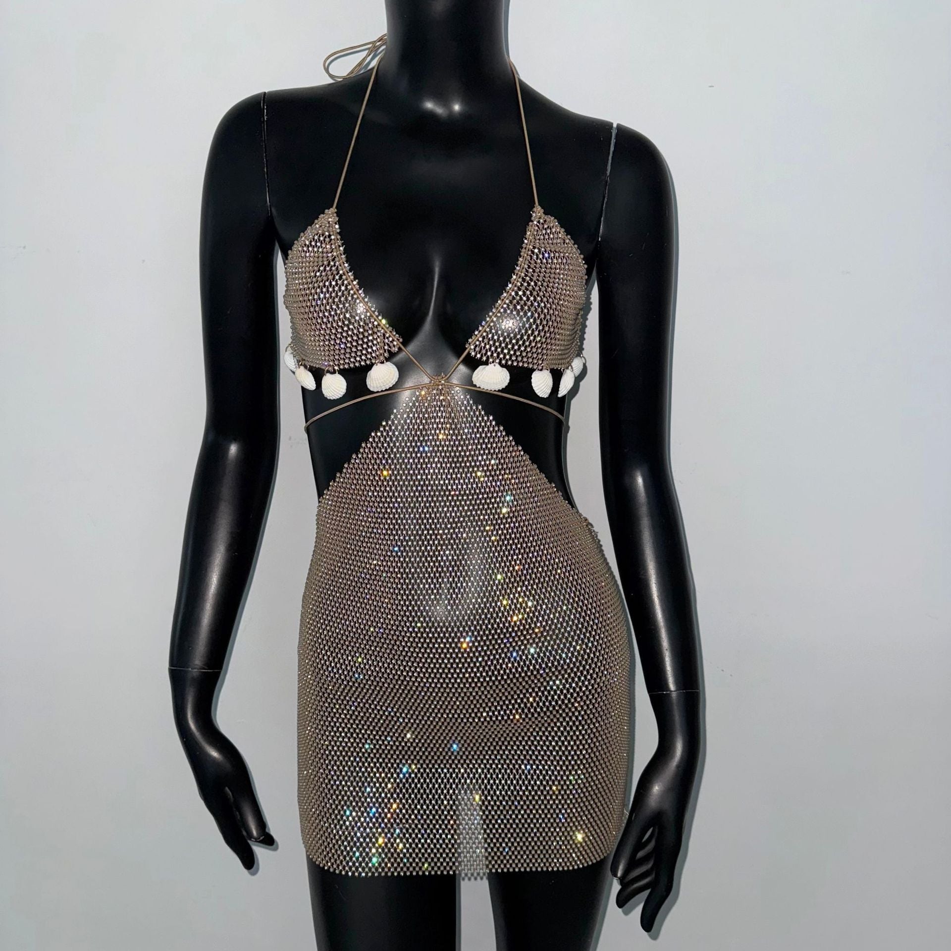 Sexy Sequined Tight Dress Sexy Golden Suspender Fishnet Rhinestone Stretch Rhinestone Nightclub