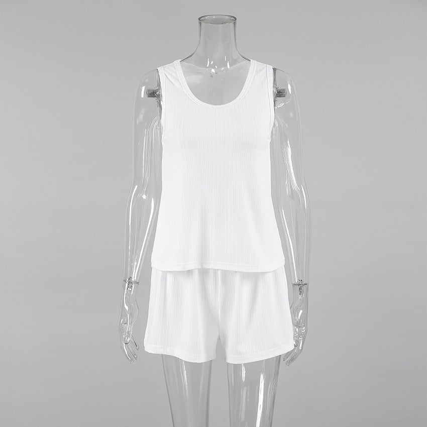 Spring Knitted Sunken Stripe Ladies Homewear Vest Shorts Two Piece Set Casual Soft Simple Pajamas