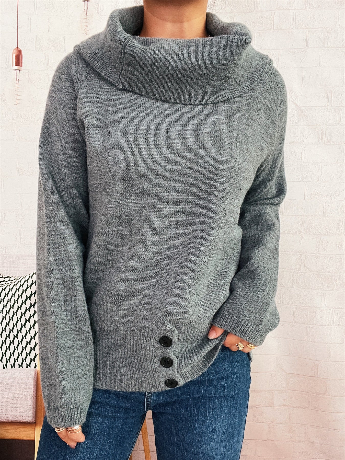 Autumn Winter Retro Office Minimalist Turtleneck Slim Knit Pullover Solid Color Striped Sweater
