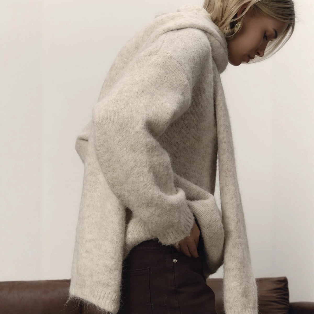 Loose Lazy Soft Wool Sweater Women Autumn Winter Pullover Loose Sweater Scarf Set