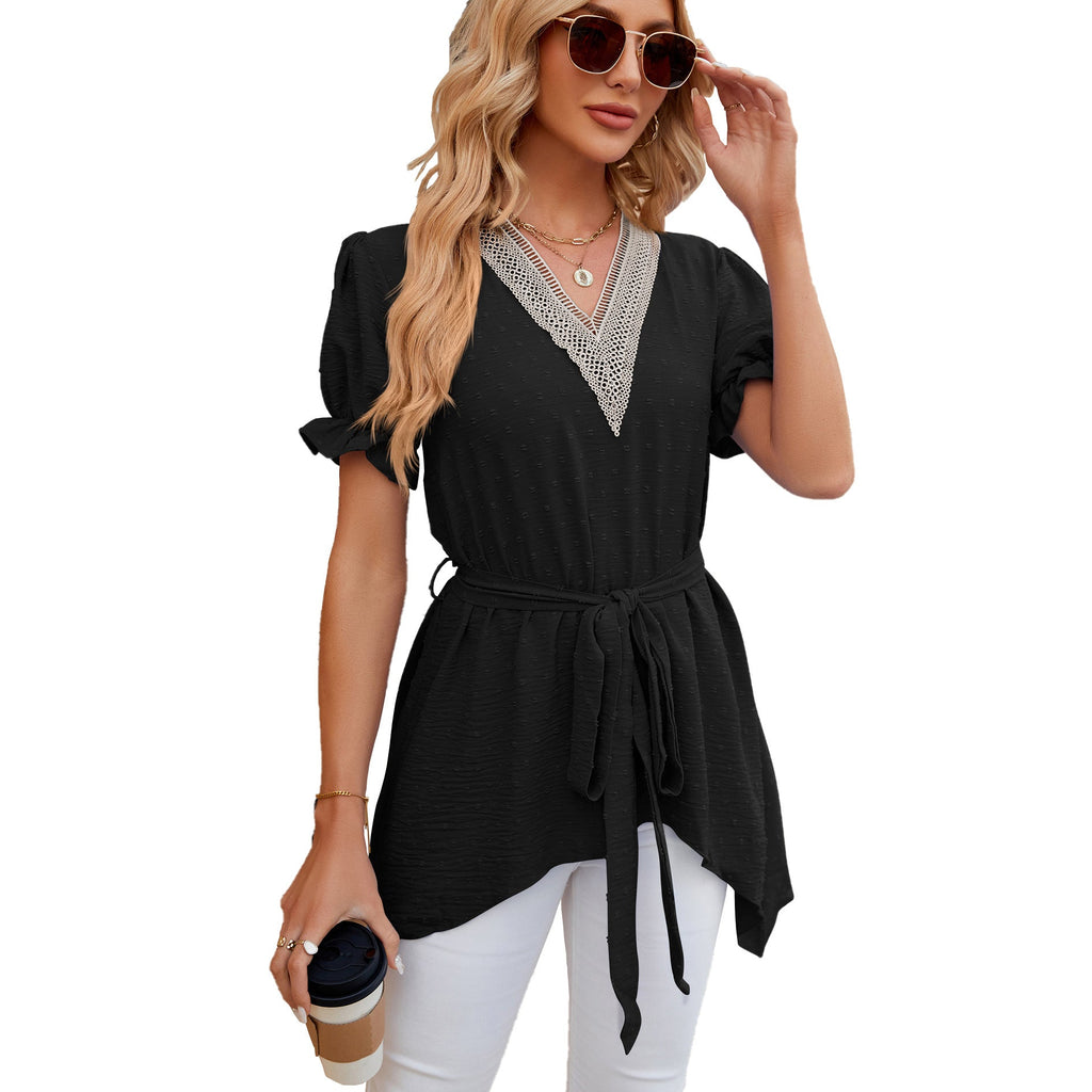 Spring Summer Solid Color V-neck Lace Stitching Loose Short Sleeve Dress