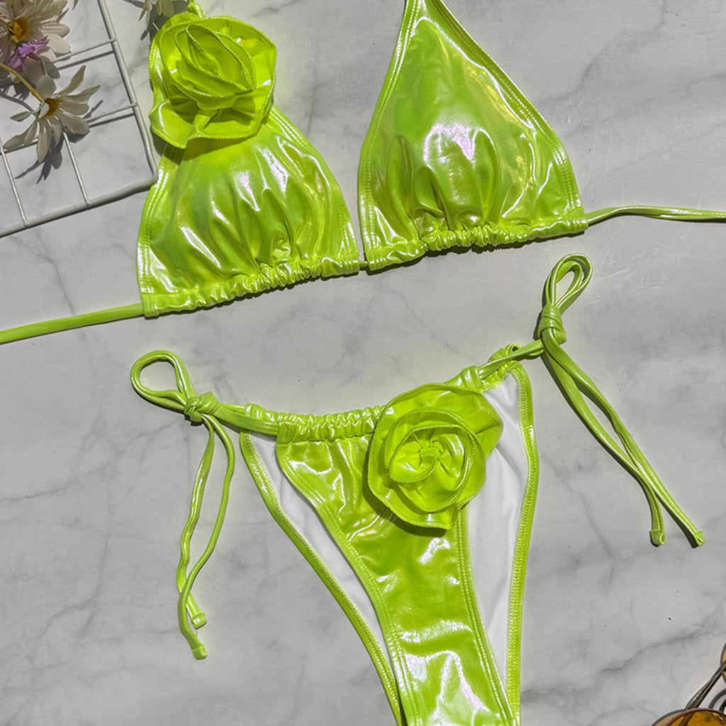 Bronzed Fabric Split Bikini Three Dimensional Floral Sexy Hanging Triangle Bag Swimsuit