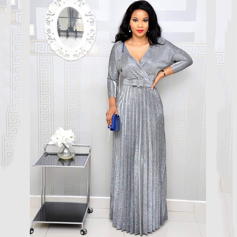 Winter African Women Wear Long Sleeve Bronzing Pleated Swing Dress with Belt Glittering Powder Fabric