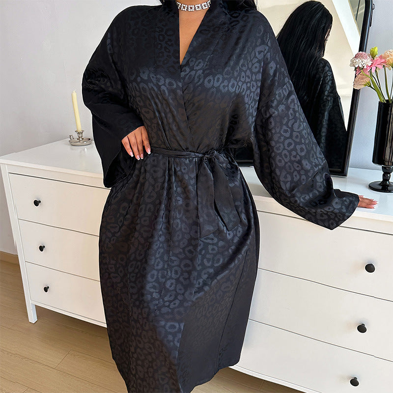 Home Long Sleeve Nightgown Thin Sexy Printed Lace up Morning Gowns Simple Cardigan Pajamas Ice Silk Bathrobe