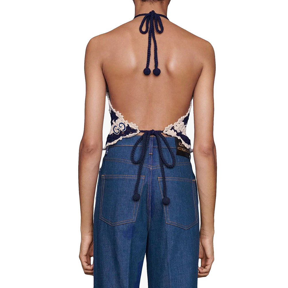 Cotton Thread Hand Crocheting Openwork Knitted Top Bohemian Halter Spaghetti Straps Knitted Beach Vest