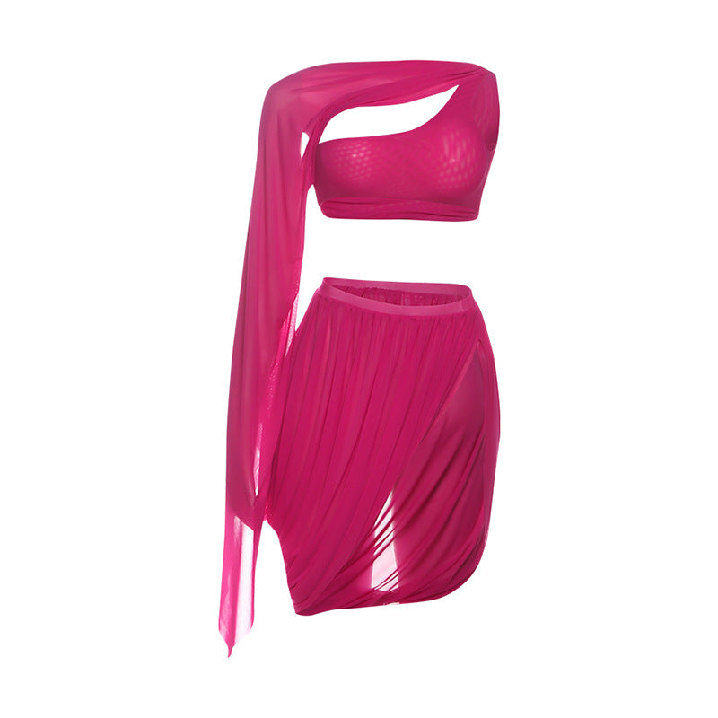 Fall Women Clothing Mesh Sexy Unilateral Long Sleeves Cropped Top Fold Split Skirt Outfit