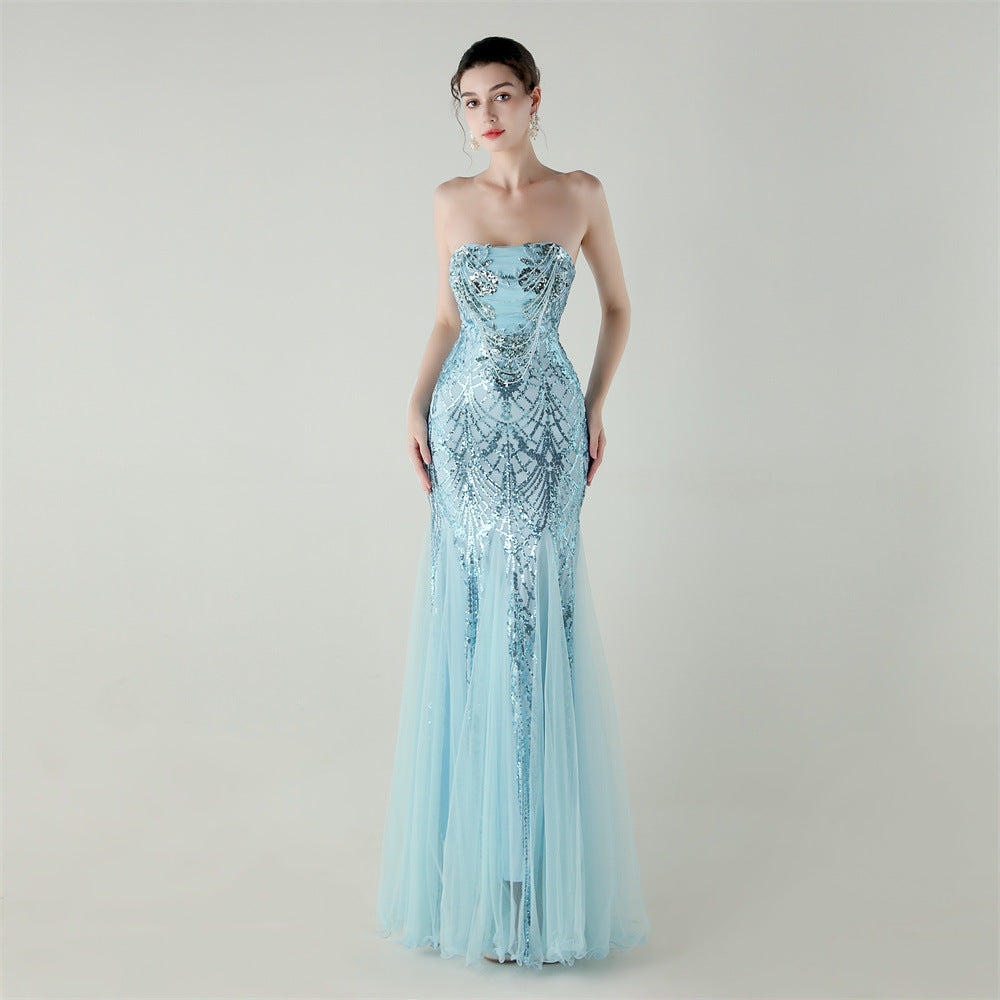 Mesh Heavy Industry Beaded Tube Floral Evening Dress Tube Top Fishtail Dress Swing Cocktail Social Socialite