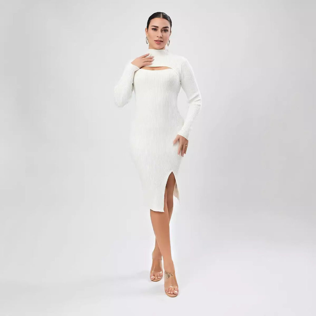 Autumn Women Clothing Half Turtleneck Chest Hollow Out Cutout Design Sweater Skinny Slimming Dress