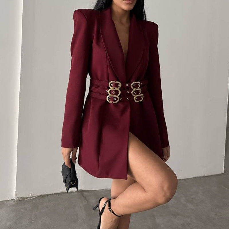 Fashionable Blazer Women Autumn Office Belt Slim Design Solid Color Small Blazers