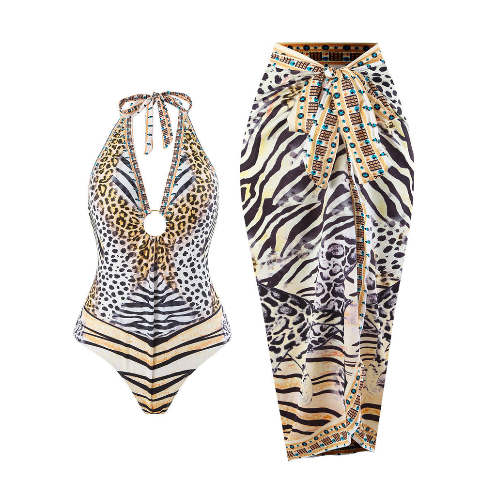 Bikini Leopard Print Lace up Halterneck Cover Belly Backless Gauze Skirt Sunscreen Swimsuit Women