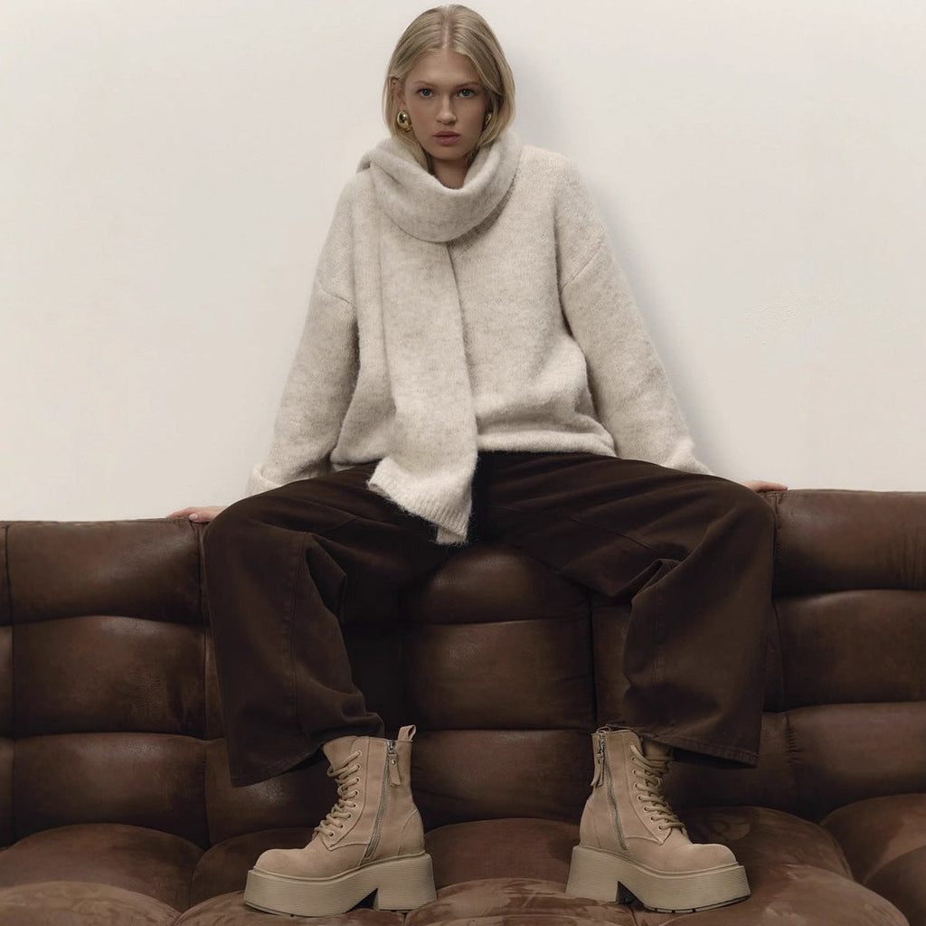 Loose Lazy Soft Wool Sweater Women Autumn Winter Pullover Loose Sweater Scarf Set