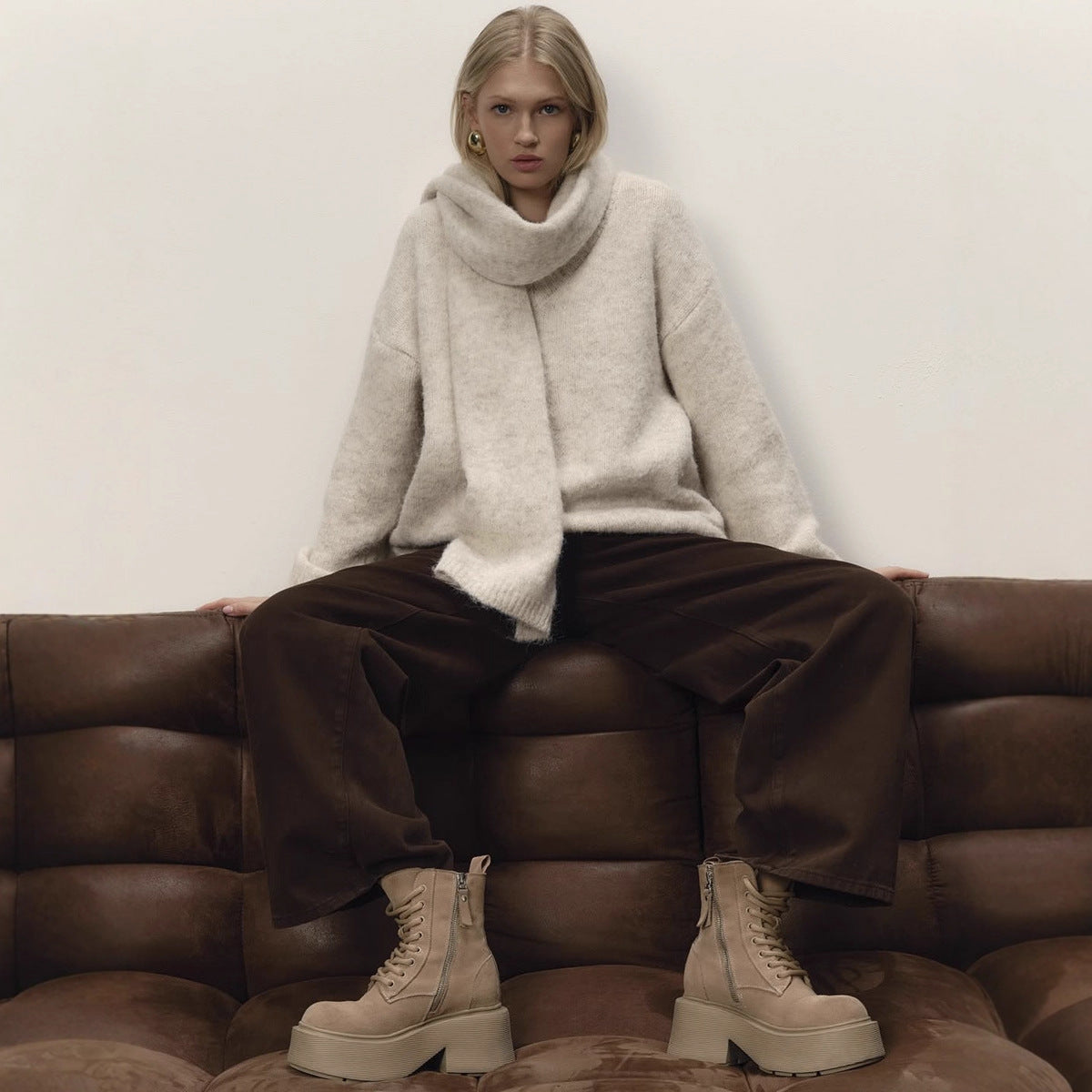 Loose Lazy Soft Wool Sweater Women Autumn Winter Pullover Loose Sweater Scarf Set