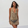 Solid Color Sexy V neck Sequined Beach Cover up Bikini Swimsuit Beach Dress Women