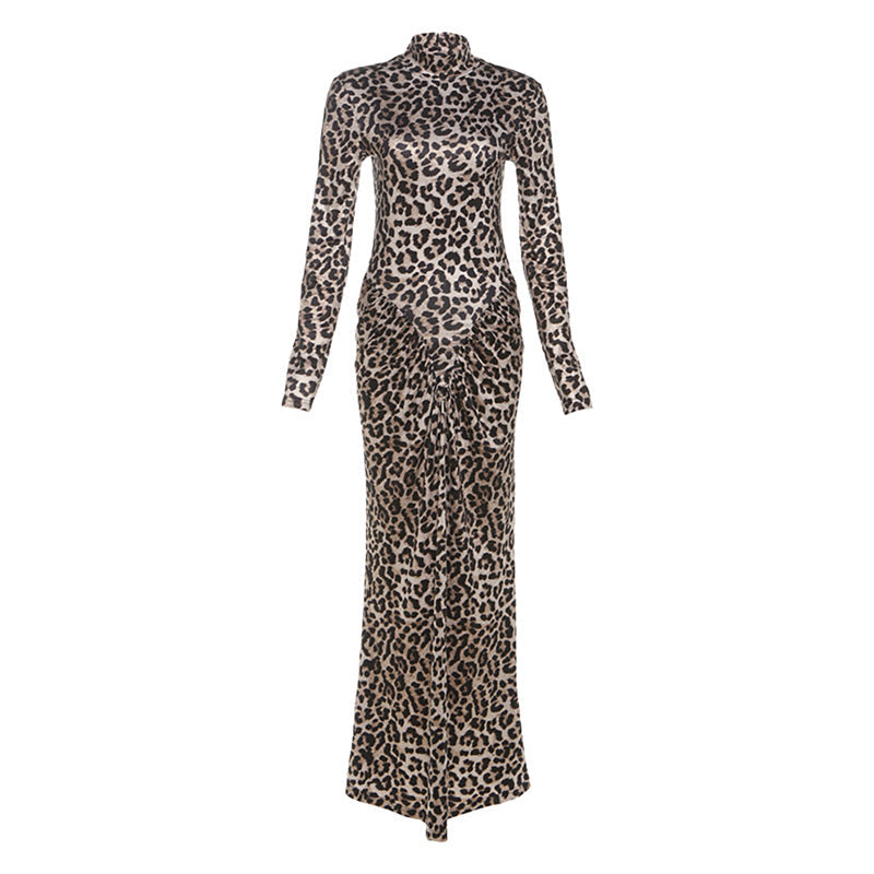 Autumn Slim round Neck Leopard Print Dress Long Sleeve Printed Dress Women Clothing