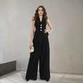 Women Elegant Solid Color V neck Sleeveless Vest High Waist Wide Leg Pants Set